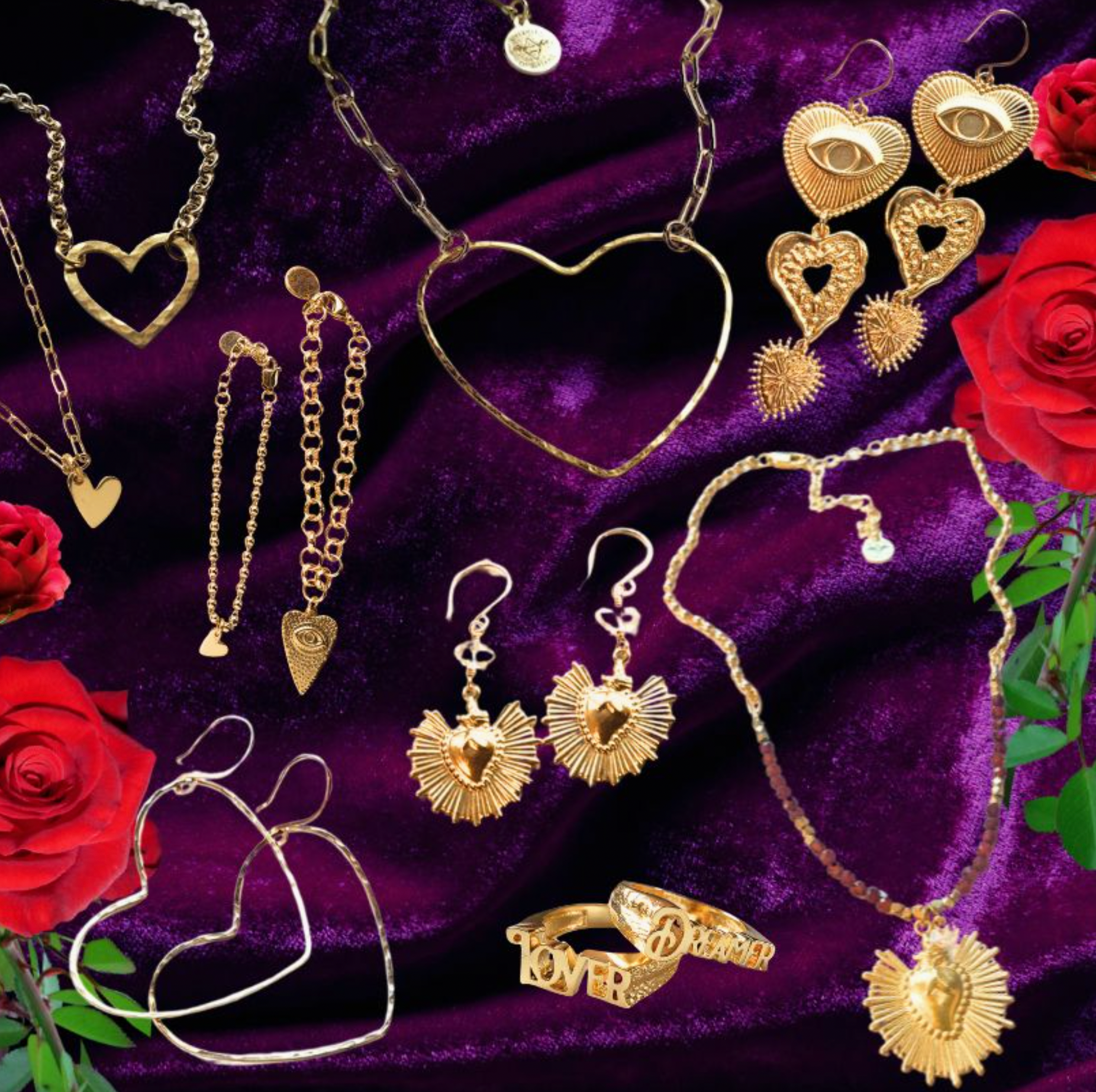 Gold heart-themed necklaces, earrings, and bracelets are arranged on deep purple velvet, accented with red roses and green leaves, creating a luxurious and romantic display.