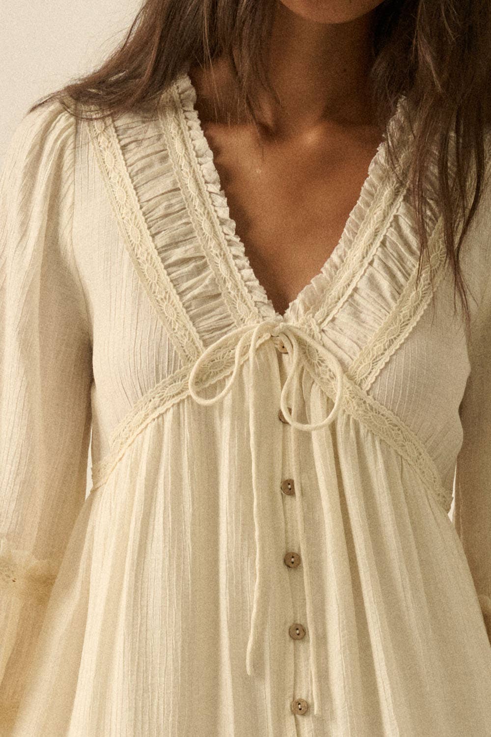 Tonal-Stripe Lace-Trim Button-Front Maxi Dress