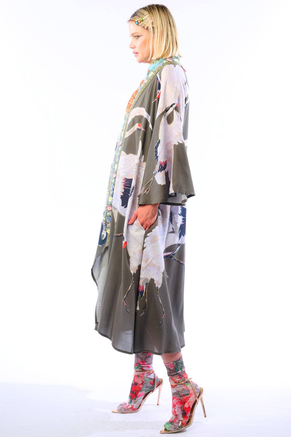 Story of the Crane Kimono - Charcoal | Bohemian Coverup Robe