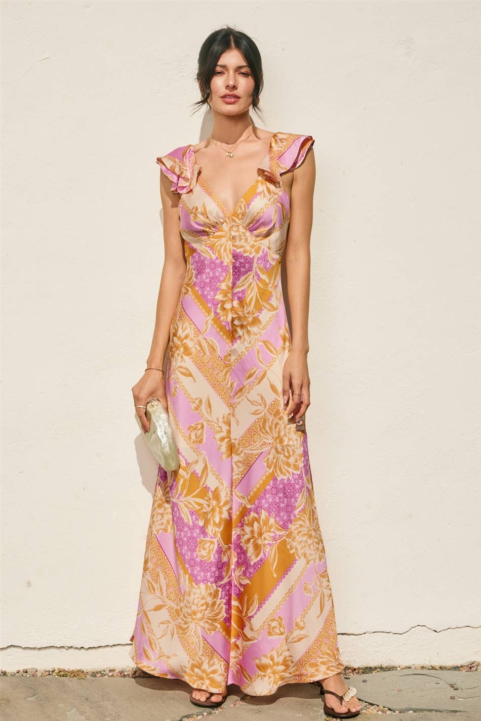 Floral Scarf Flutter Open Back Maxi Dress
