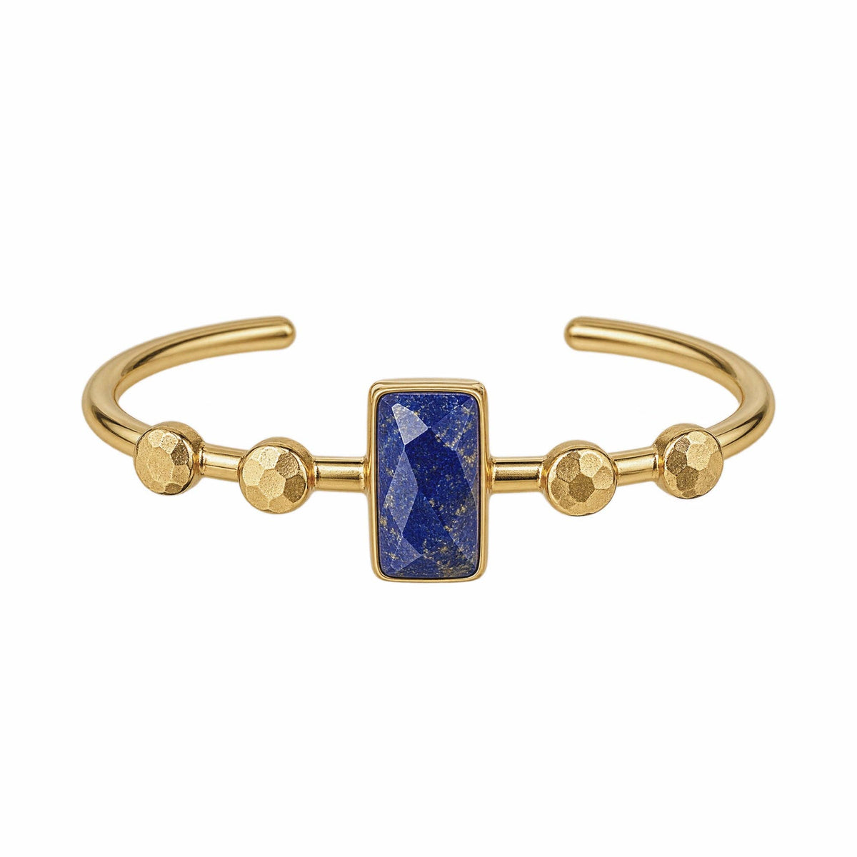 Harem Lapis Lazuli Bangle with gold tone open cuff and textured round accents