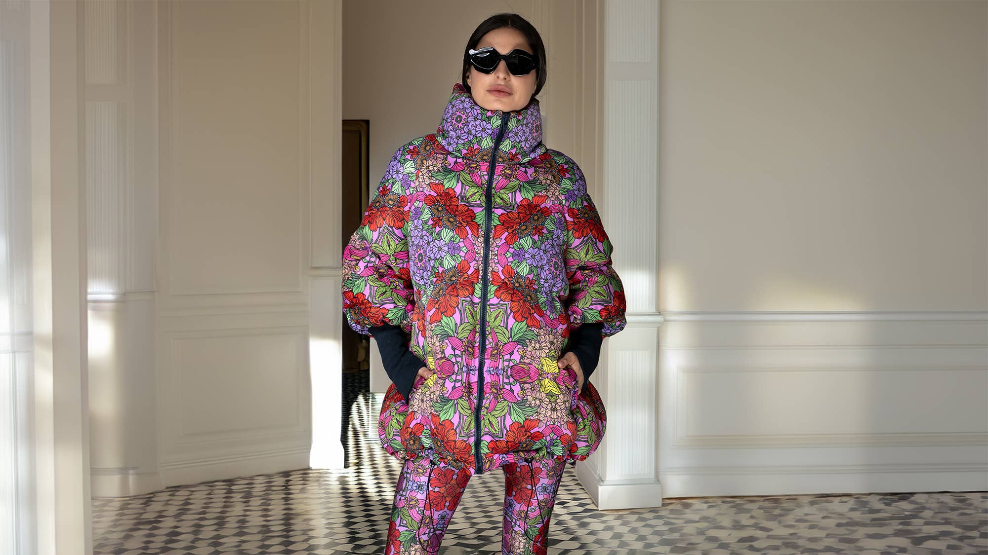 Floral Red Stand-Up Collar Puffer Jacket