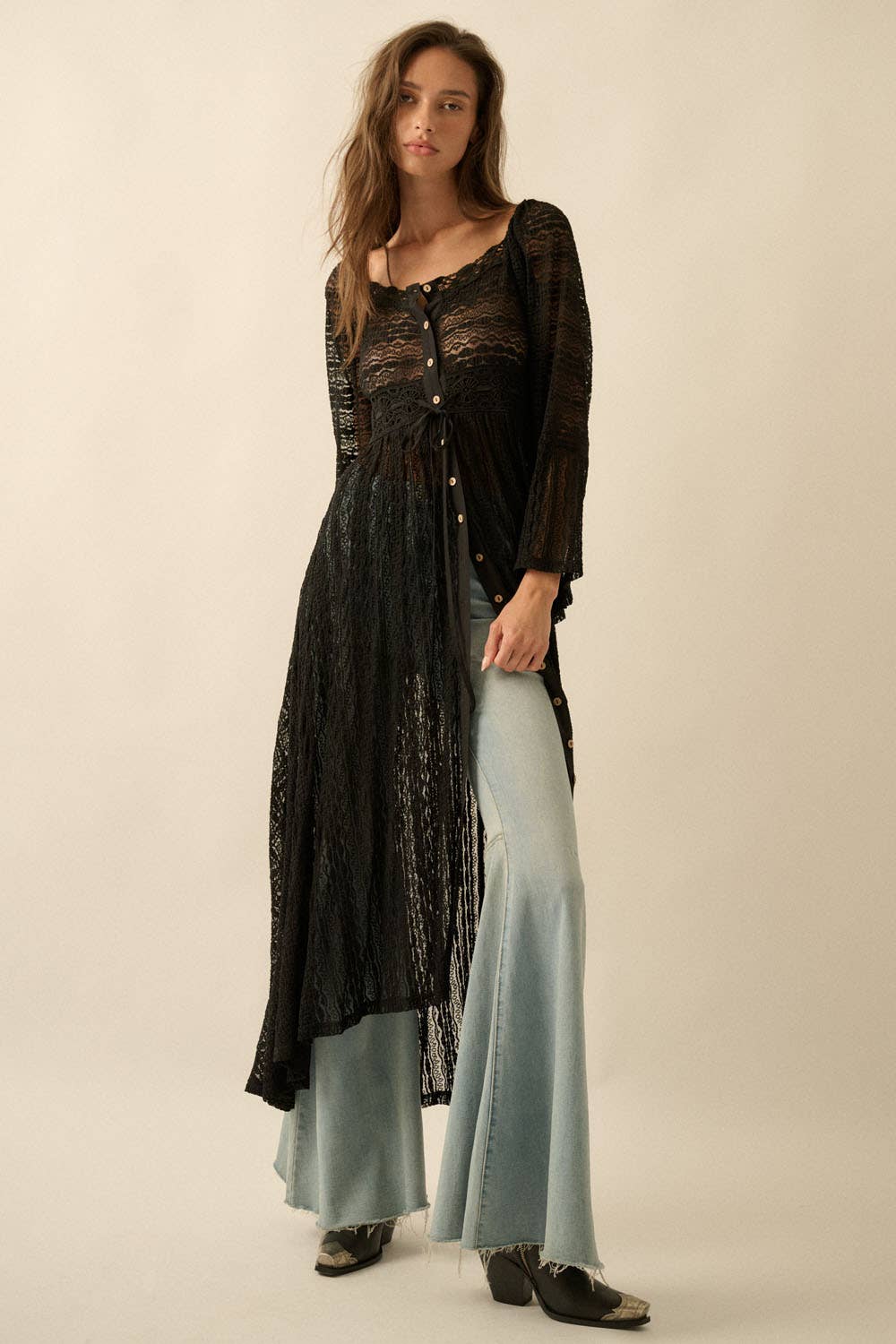 Sheer Striped Lace Button- Up Layering Midi Dress
