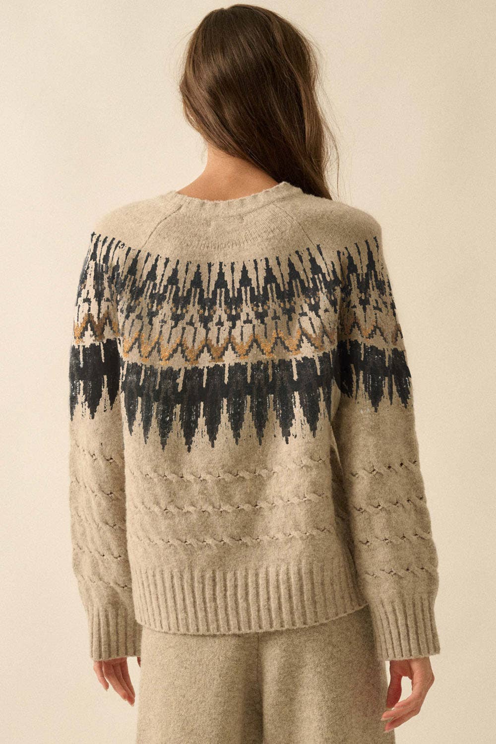 Cable Knit Fair Isle Raglan-Sleeve Sweater