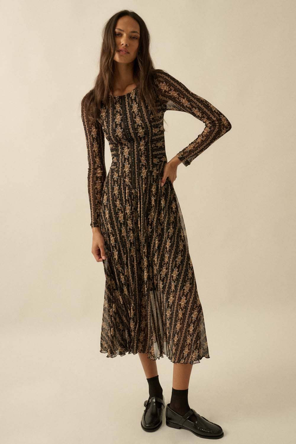 Floral Mesh Drop-Waist Long-Sleeve Midi Dress