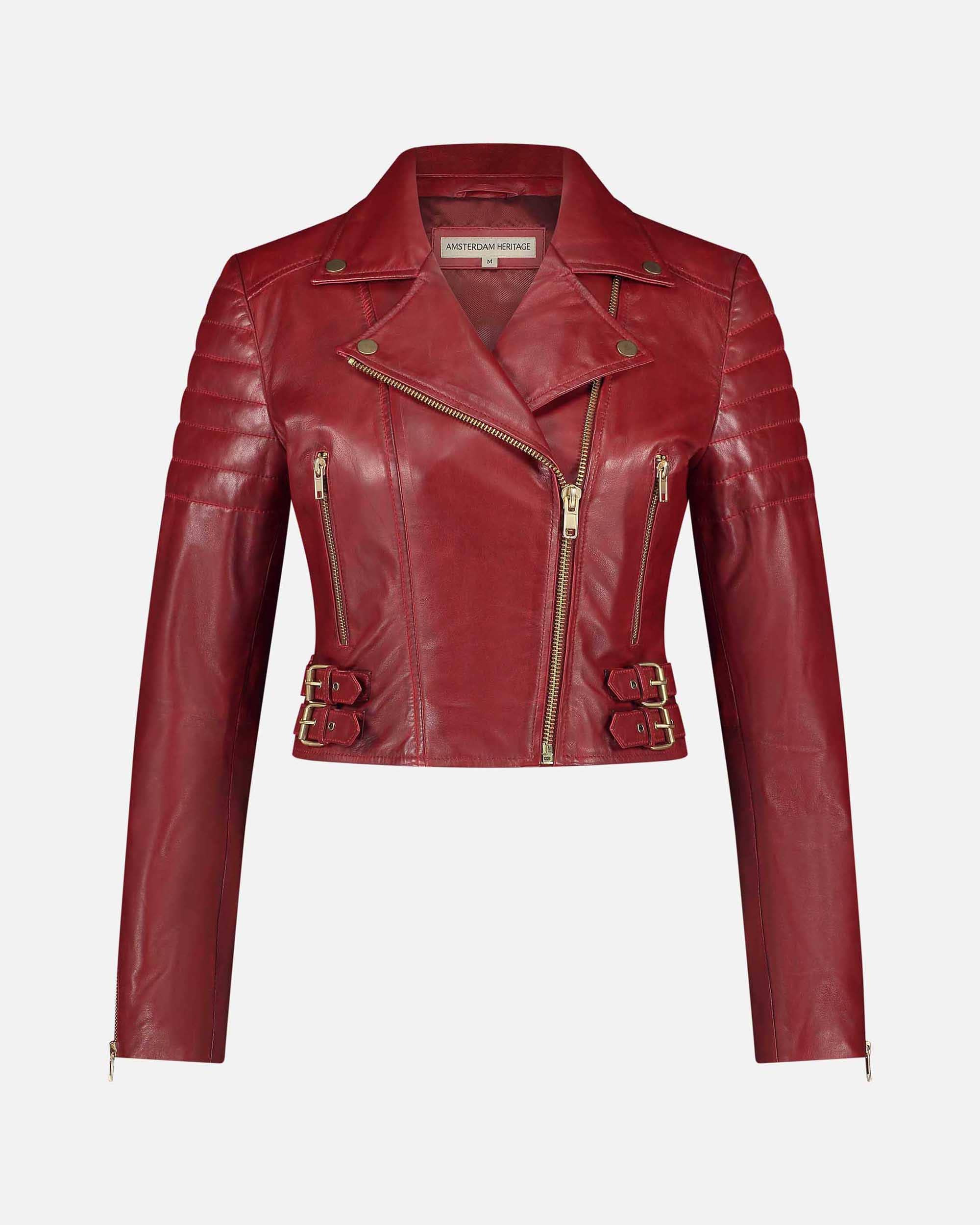Eureka | Leather Biker Jacket in deep red with asymmetrical zipper and buckle details for bold everyday style.