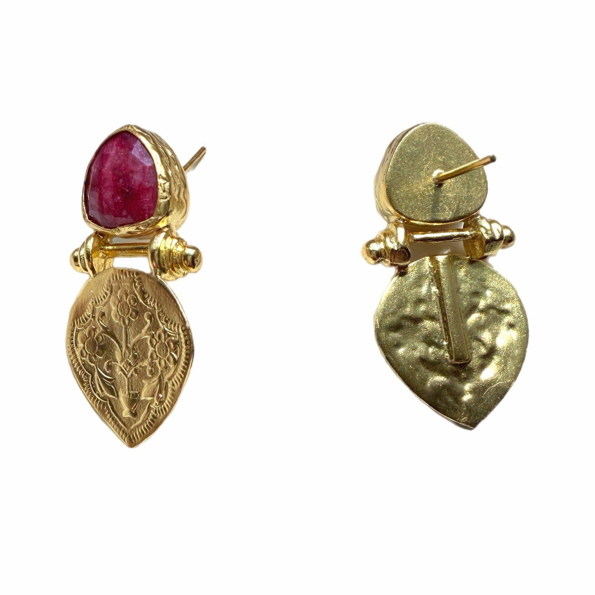 Ayda Ruby Earrings with ruby stones and ornate gold tone drop charms shown front and back