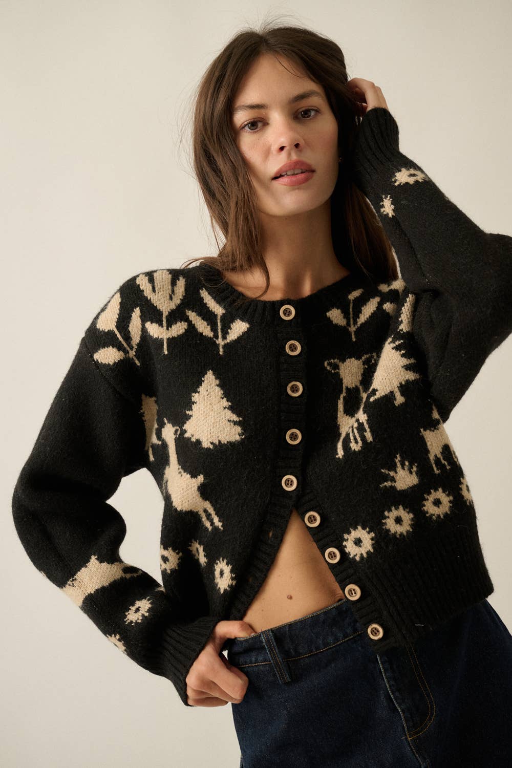 Forest Motif Knit Button-Front Cropped Cardigan Sweater