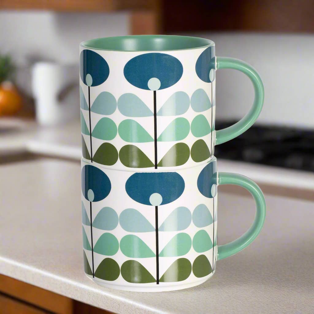 Blue Mid Century ModFlower Stackable Matte Coffee Tea Mug