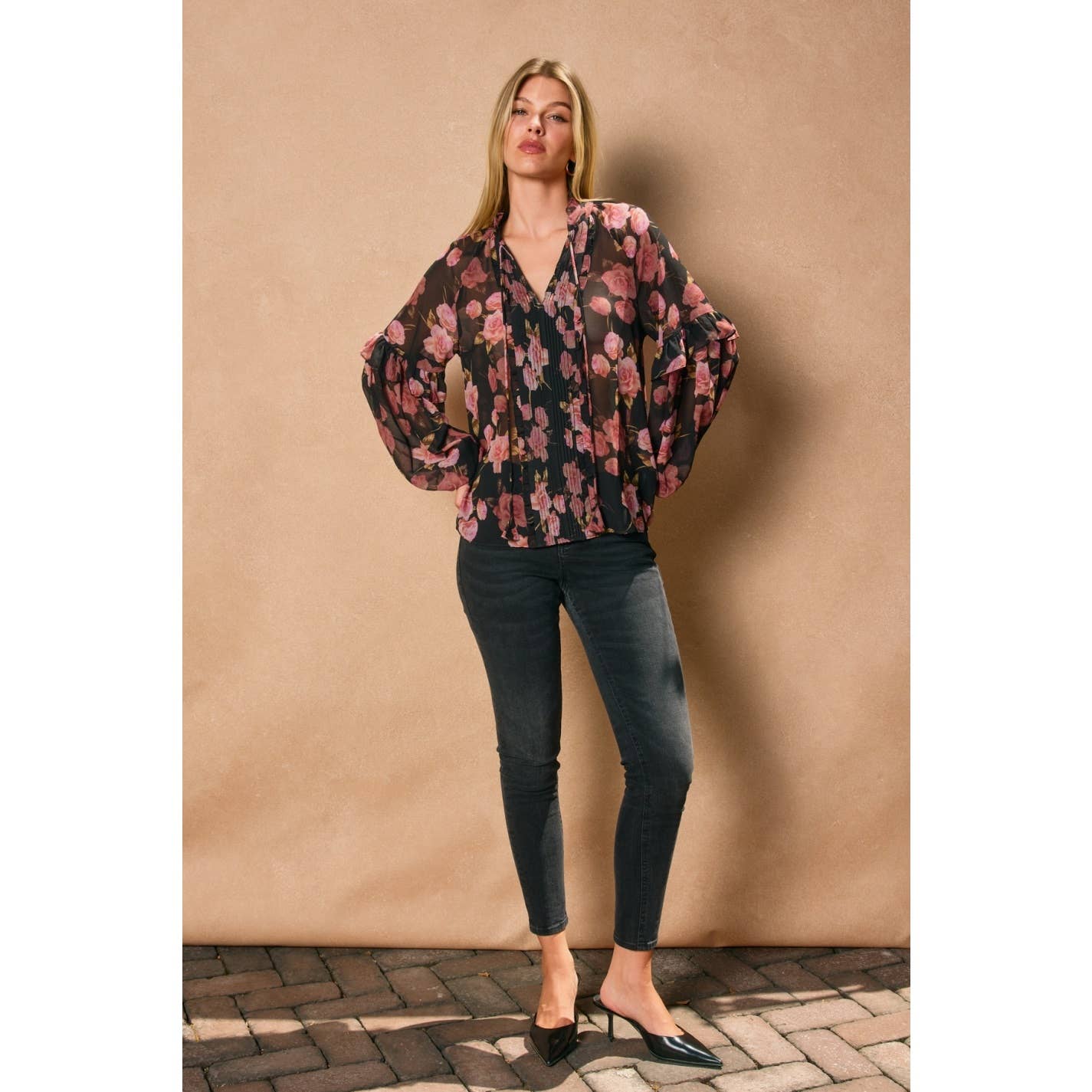 Obsidian Rose Pleated Ruffled Blouse
