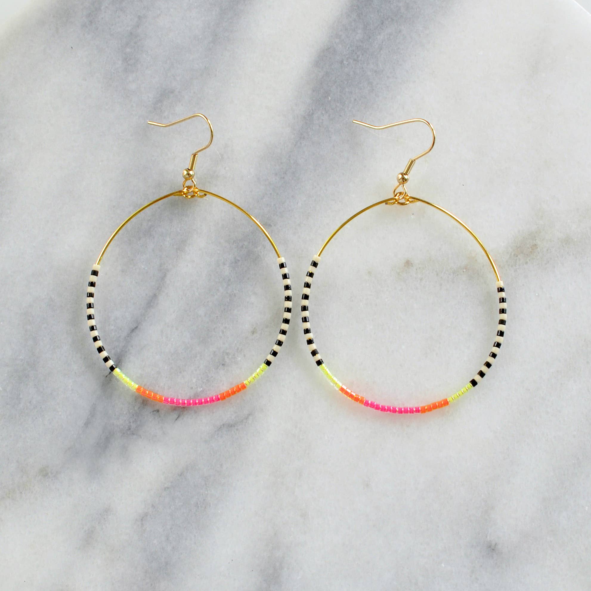 Large Gold Beaded Dangle Hoop Earrings