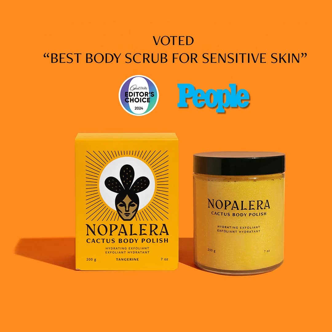 Tangerine Cactus Body Polish with bright orange packaging and jar, praised as best body scrub for sensitive skin.