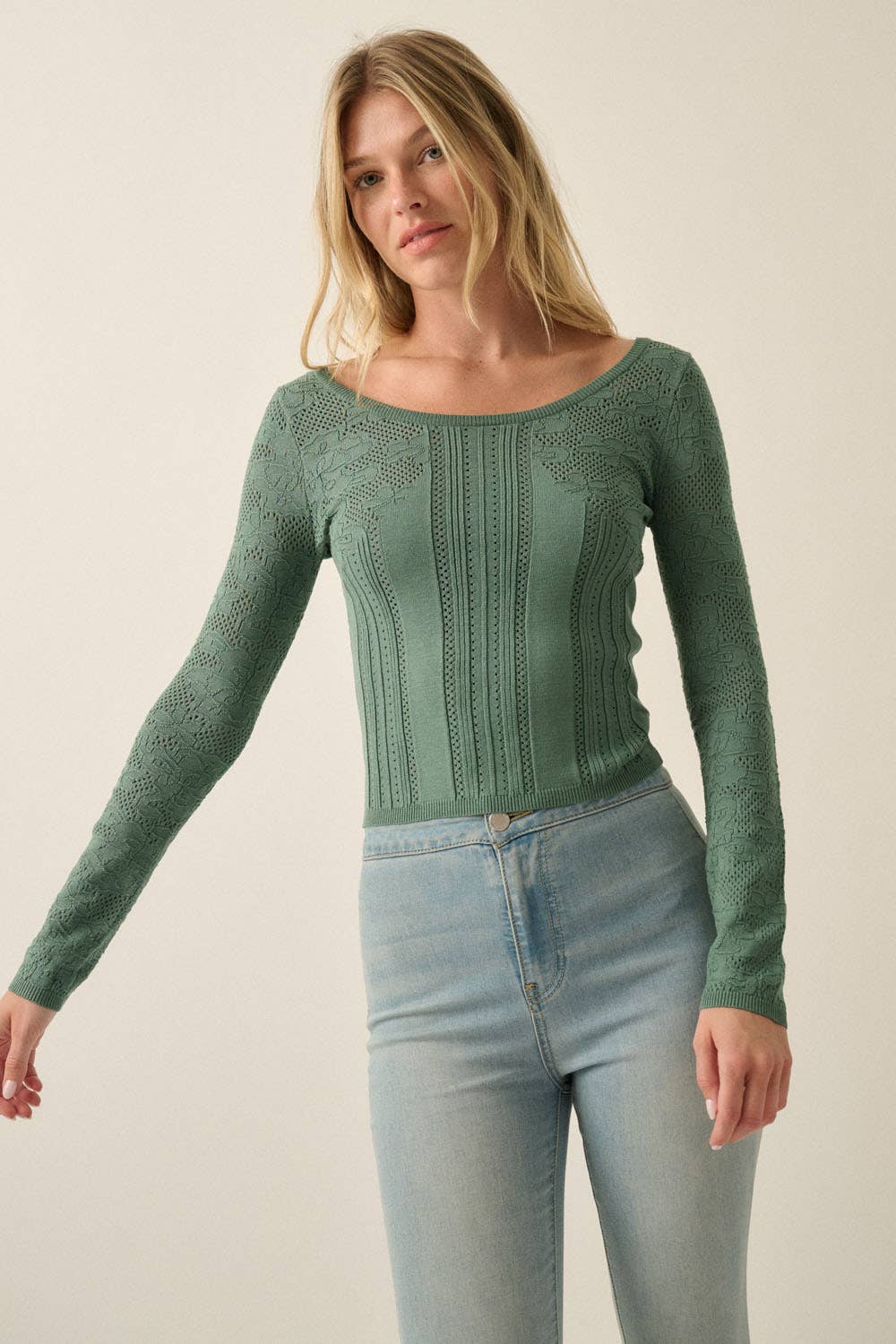 Floral Pointelle and Ribbed Knit Fitted Long-Sleeve Top