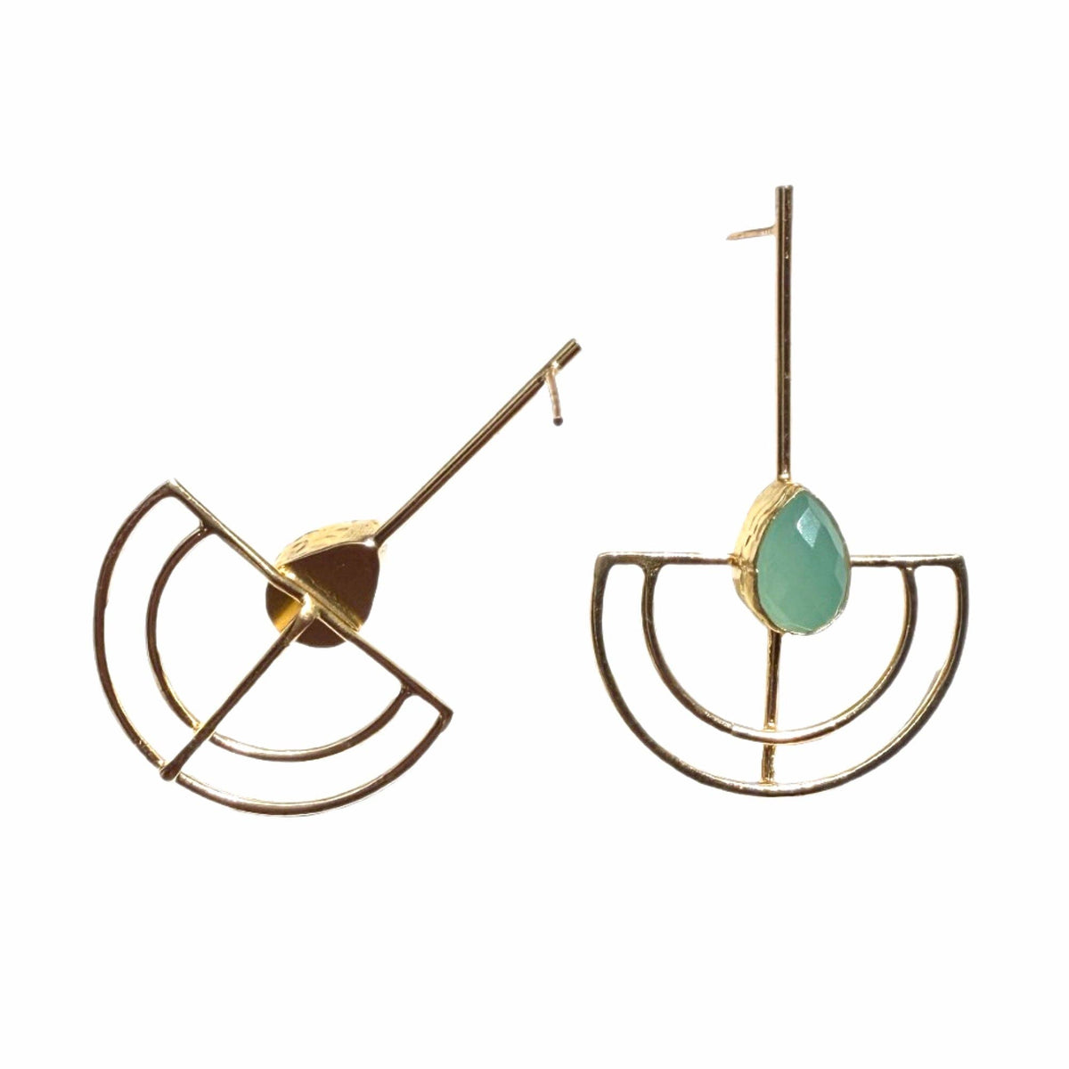 Karpuz Aqua Chalcedony Earrings with geometric brass and aqua stone details