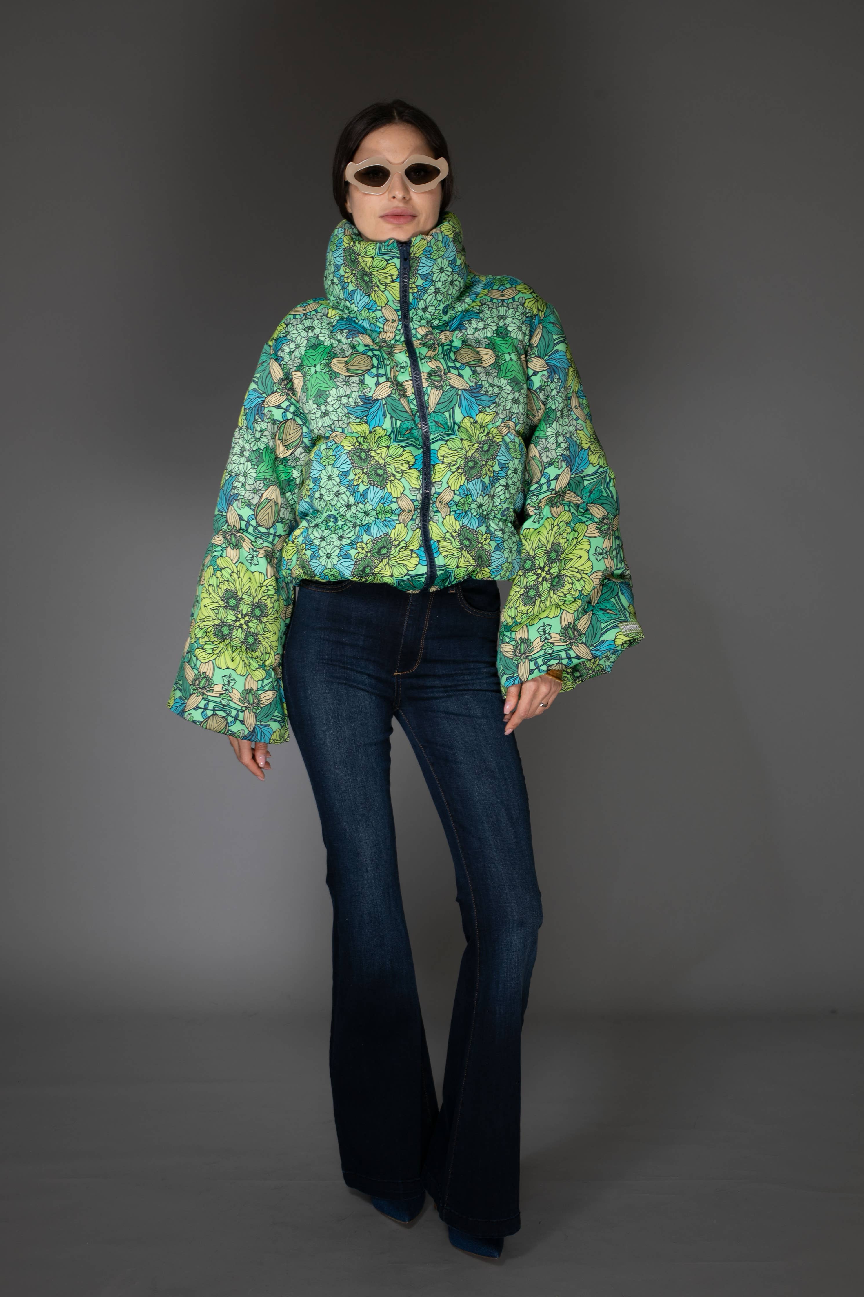 Mint Green Floral Printed Puffer Jacket