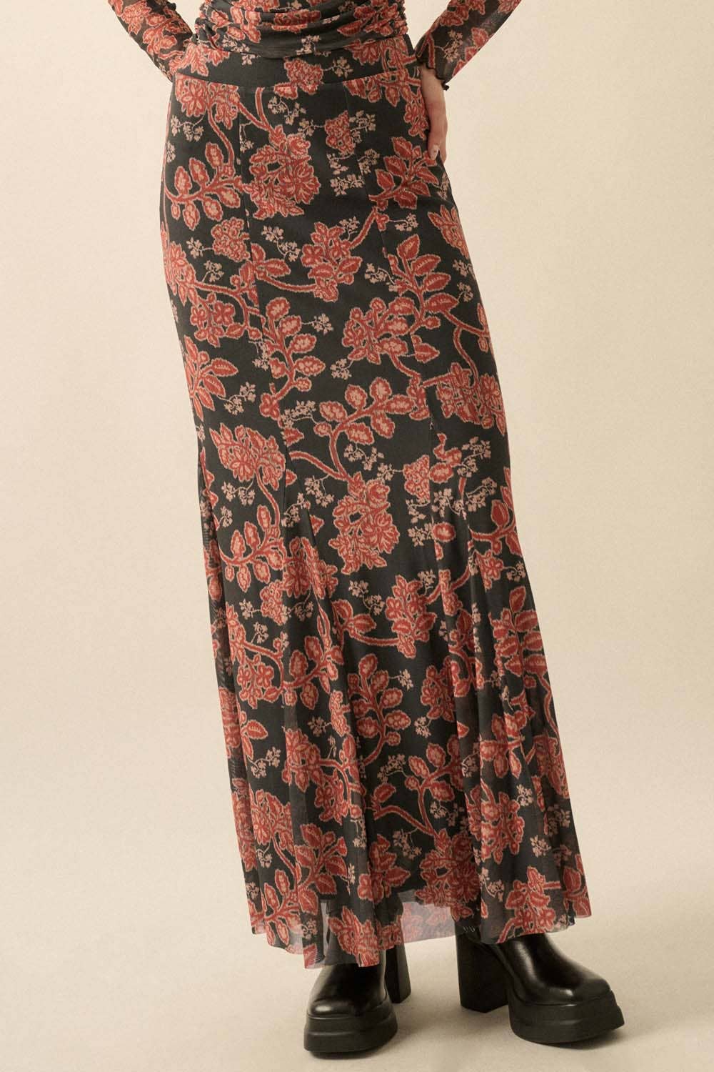 Floral-Print Mesh Godet Mermaid Maxi Skirt