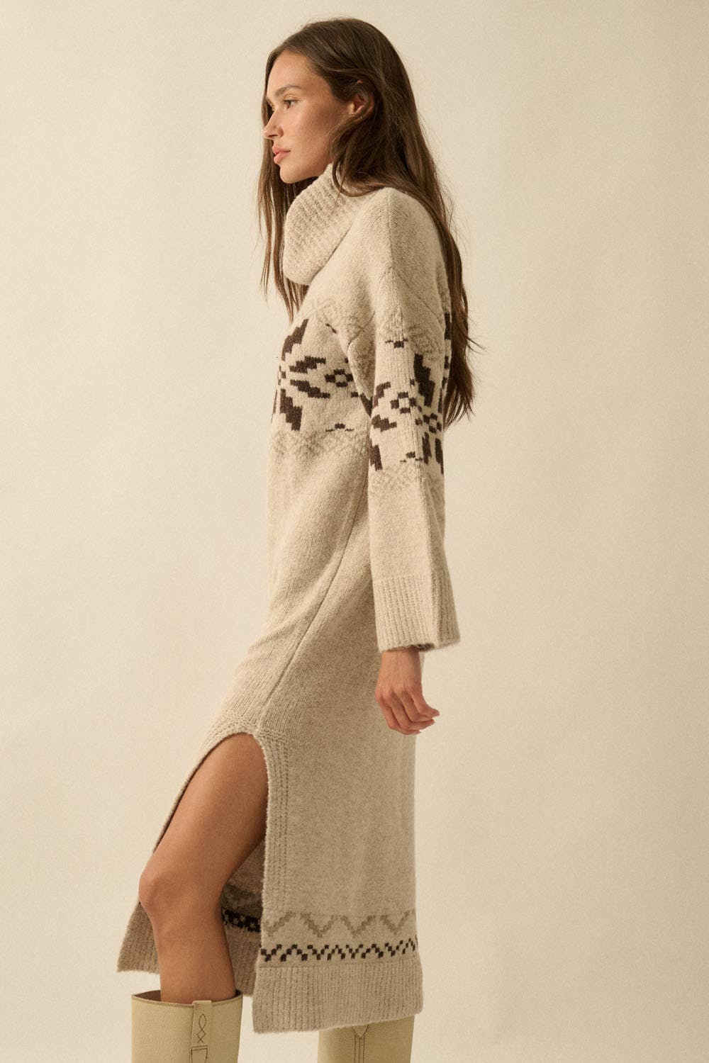Alpine Snowflake Knit Cowl-Neck Midi Sweater Dress