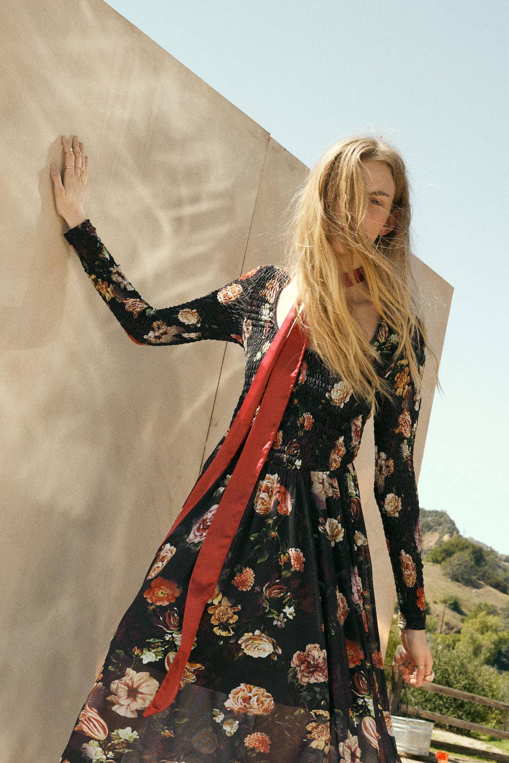Floral-Print Mesh Smocked Long-Sleeve Maxi Dress