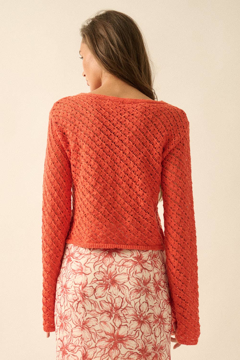 Solid Crochet-Knit Bell-Sleeve Cropped Sweater