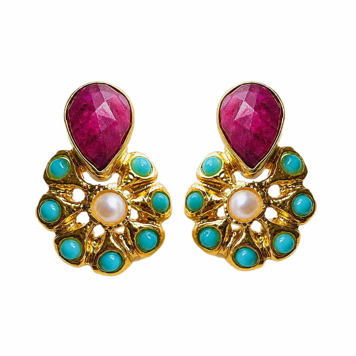 Soraya Multi-Color Studs colorful gemstone floral earrings with gold tone settings