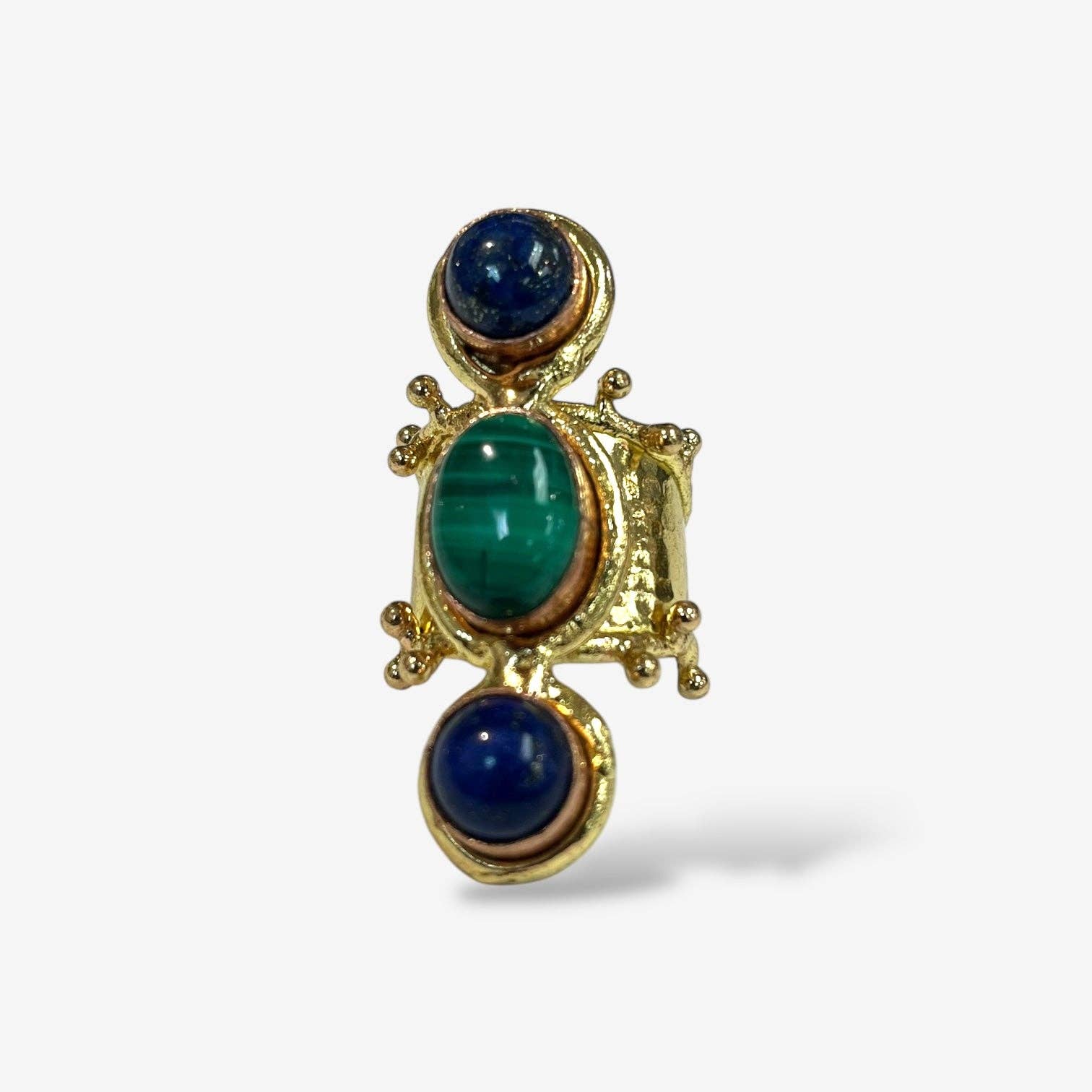 Aurora Luxe Gemstone Ring with polished green and deep blue stones set in an intricate gold-toned band design