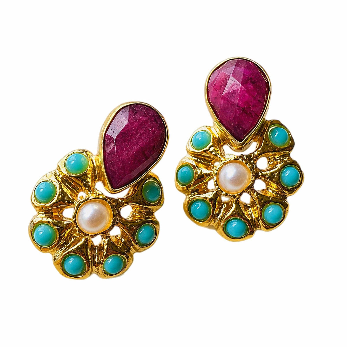 Soraya Multi-Color Studs featuring colorful turquoise and magenta stones in gold-tone floral settings