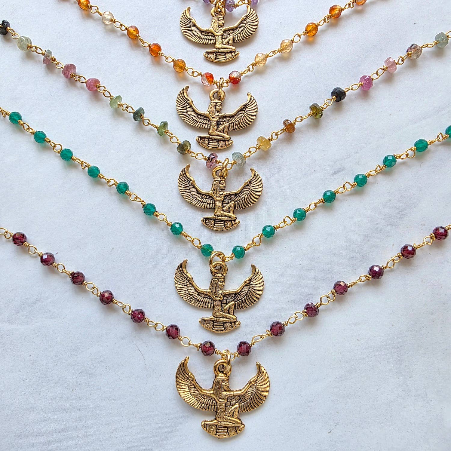Winged Goddess Isis Charm Necklace | Gemstone Rosary