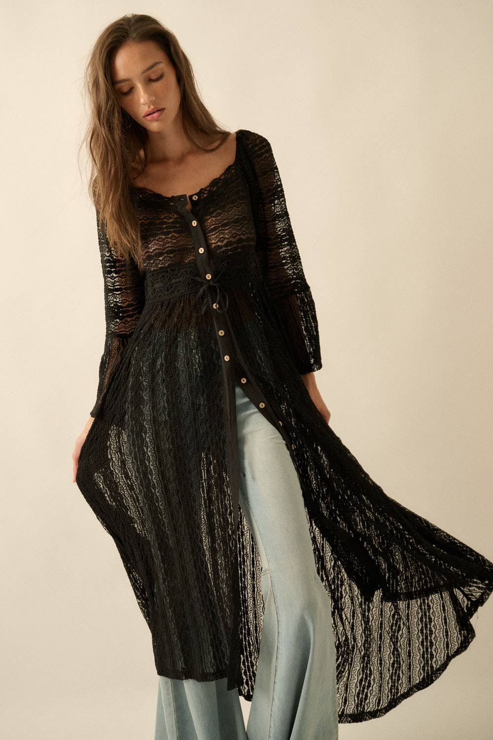 Sheer Striped Lace Button- Up Layering Midi Dress