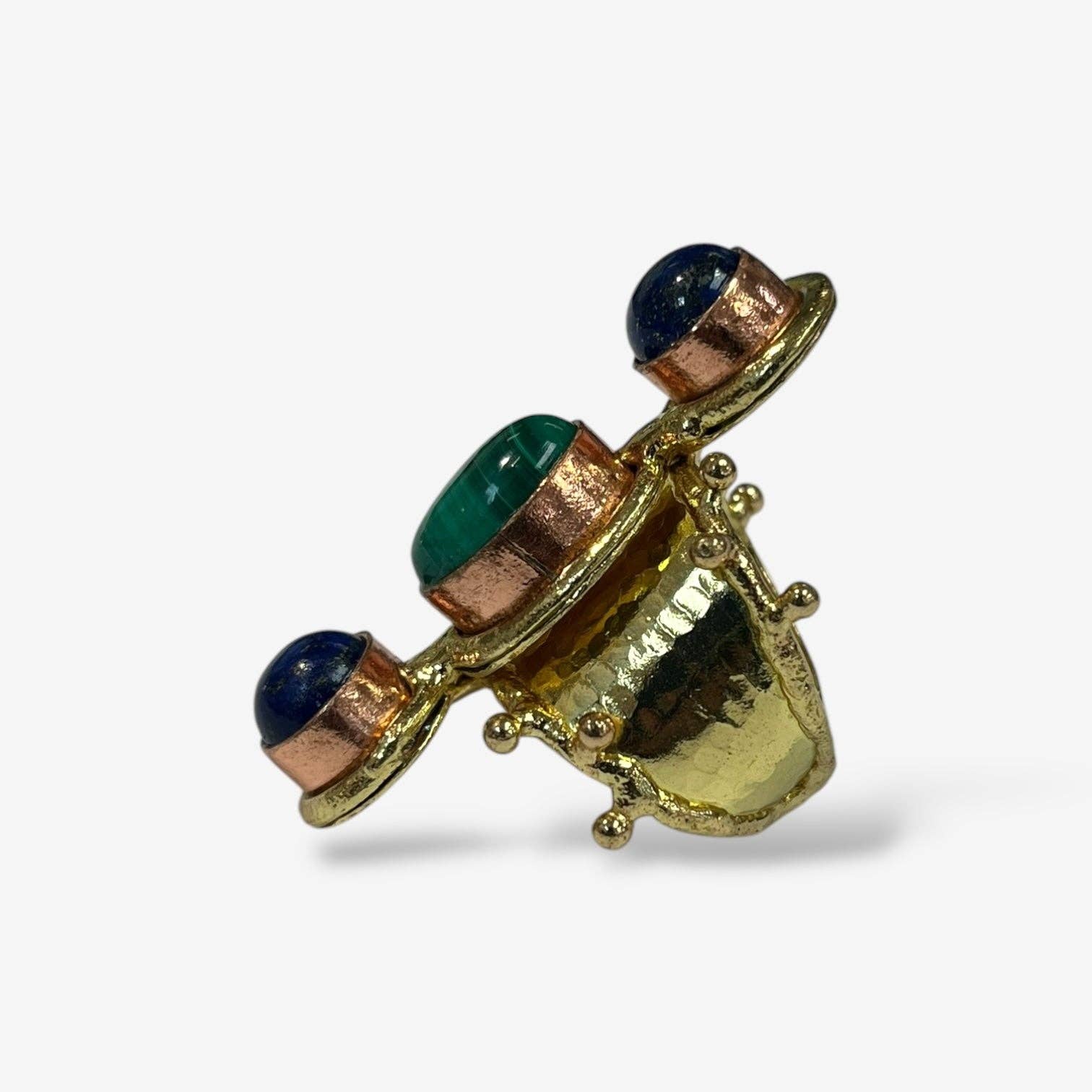 Aurora Luxe Gemstone Ring with green and blue stones set in textured gold and copper accents, a bold artisan statement piece