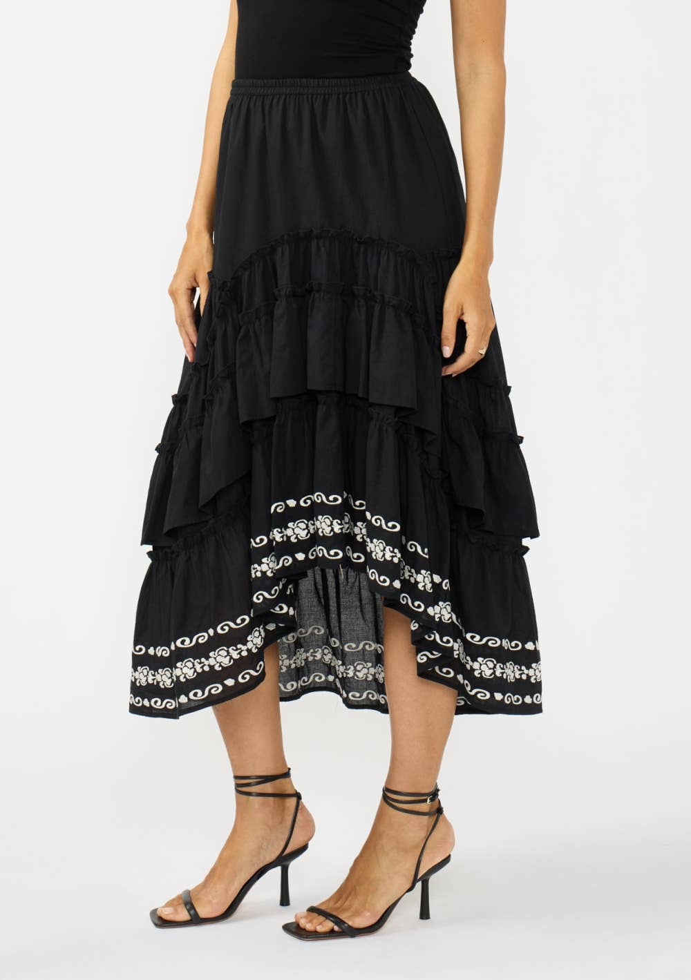 Hi-Lo Tiered Ruffle Maxi Skirt with Border Embroidery