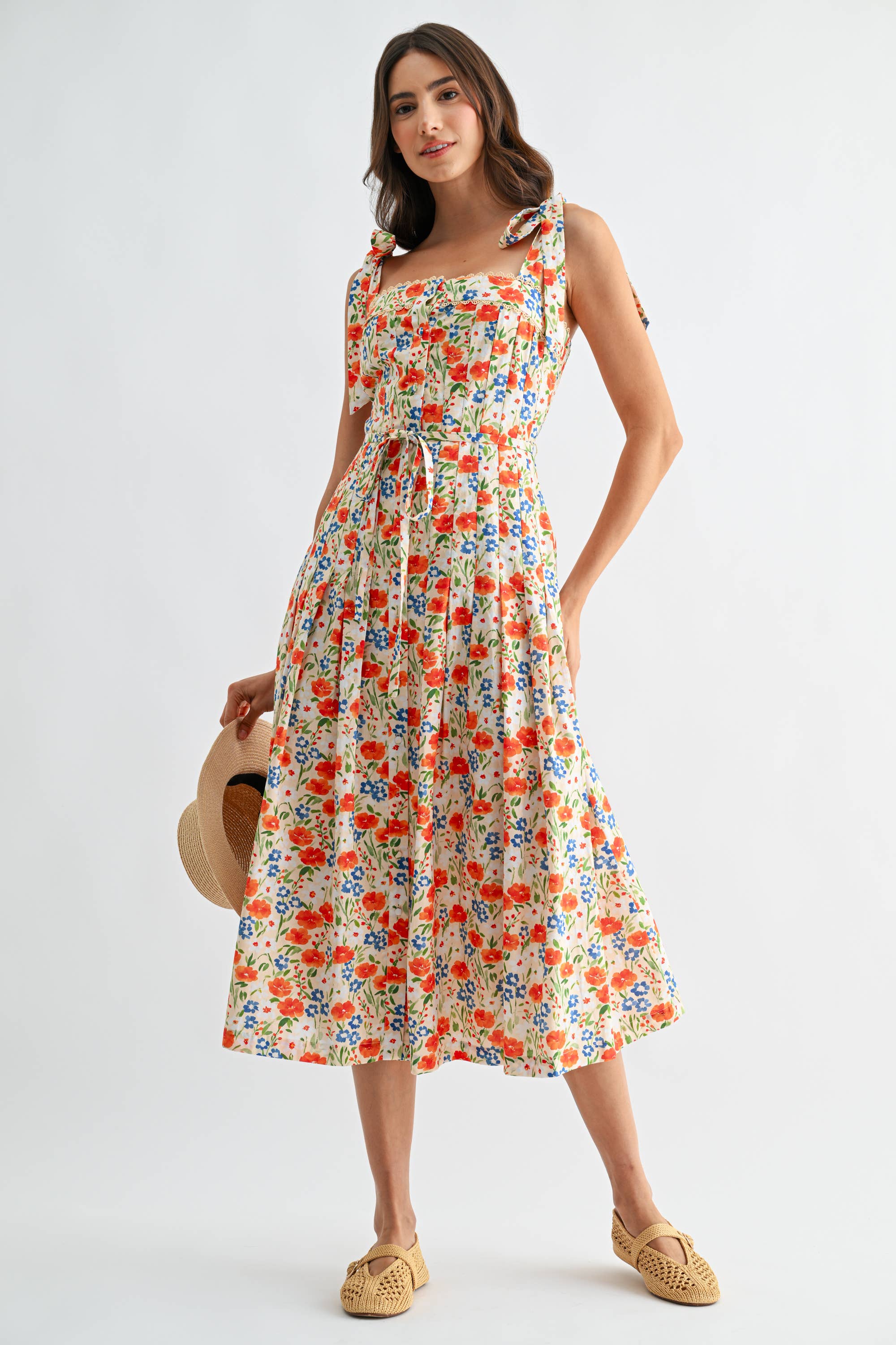 Floral Print Tie-Shoulder Belted Midi Dress