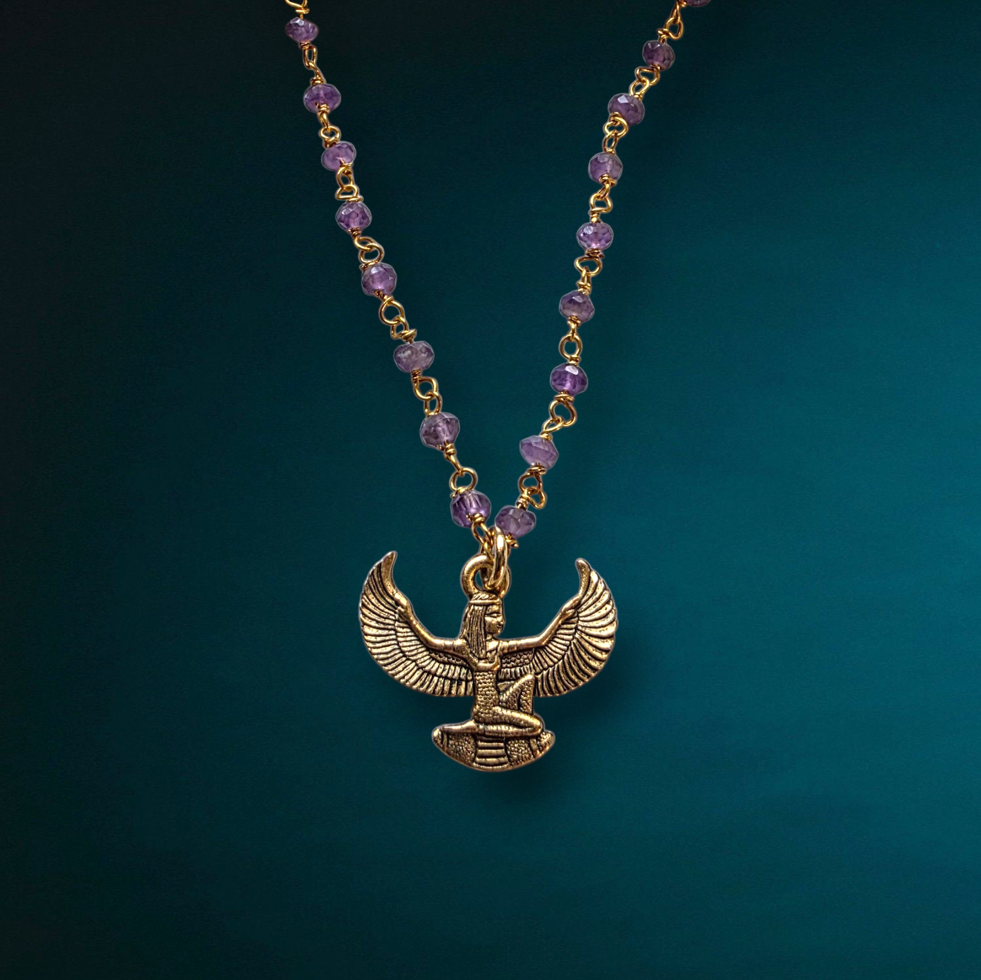Winged Goddess Isis Charm Necklace | Gemstone Rosary