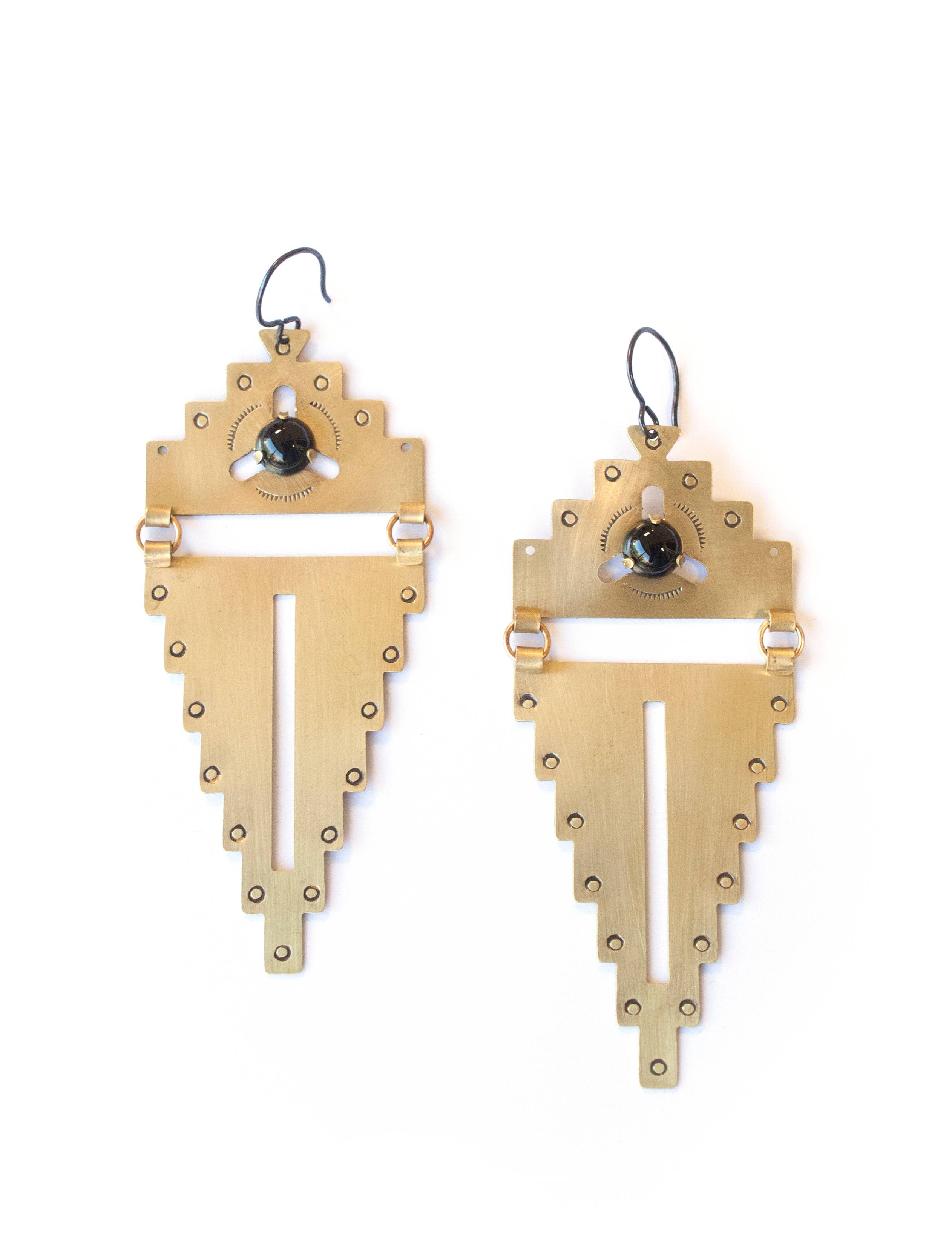 Stamped Brass Geometric Earrings w/ Prong Set Stone