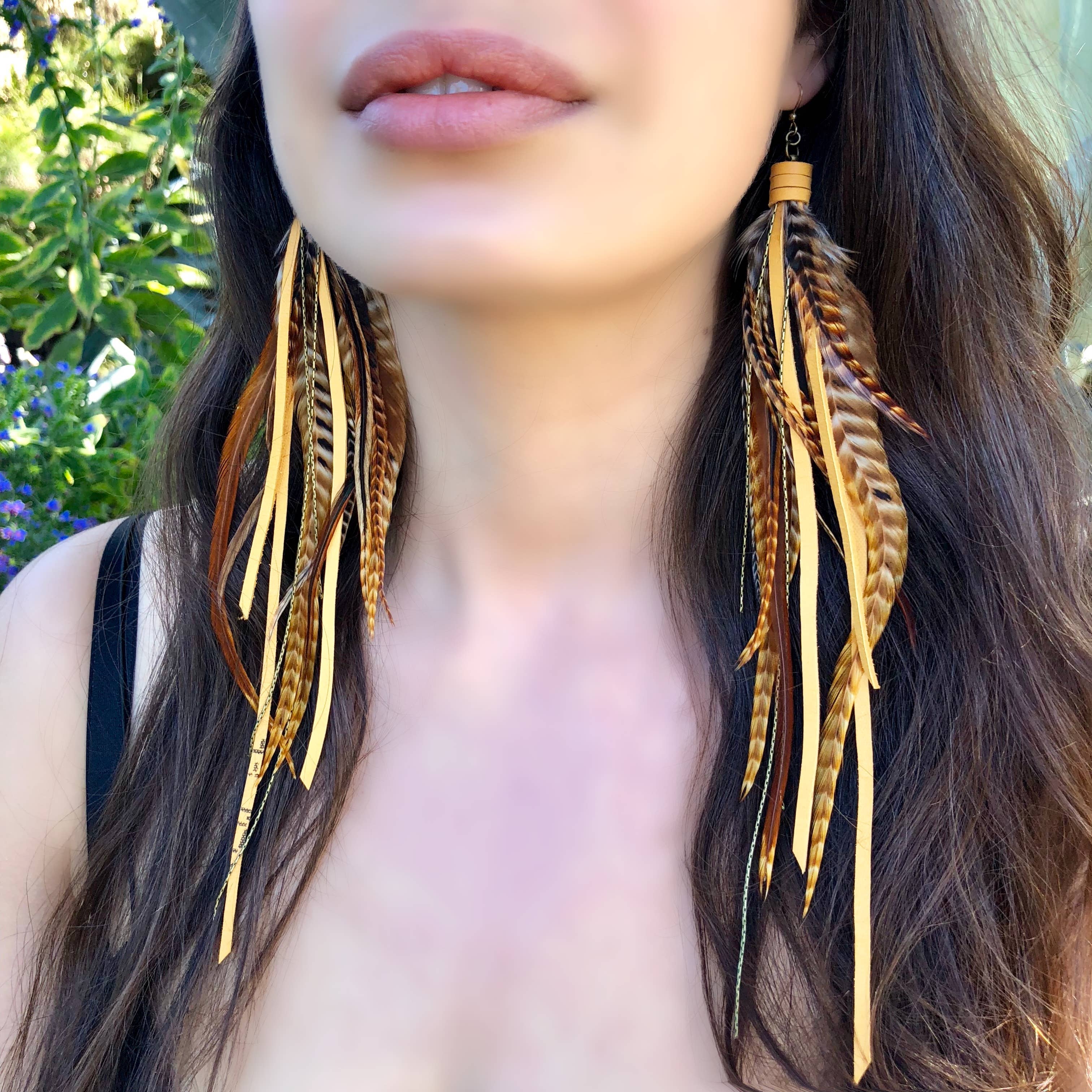 Pirate Feather Earrings - Cree & Gold, Boho Western Style