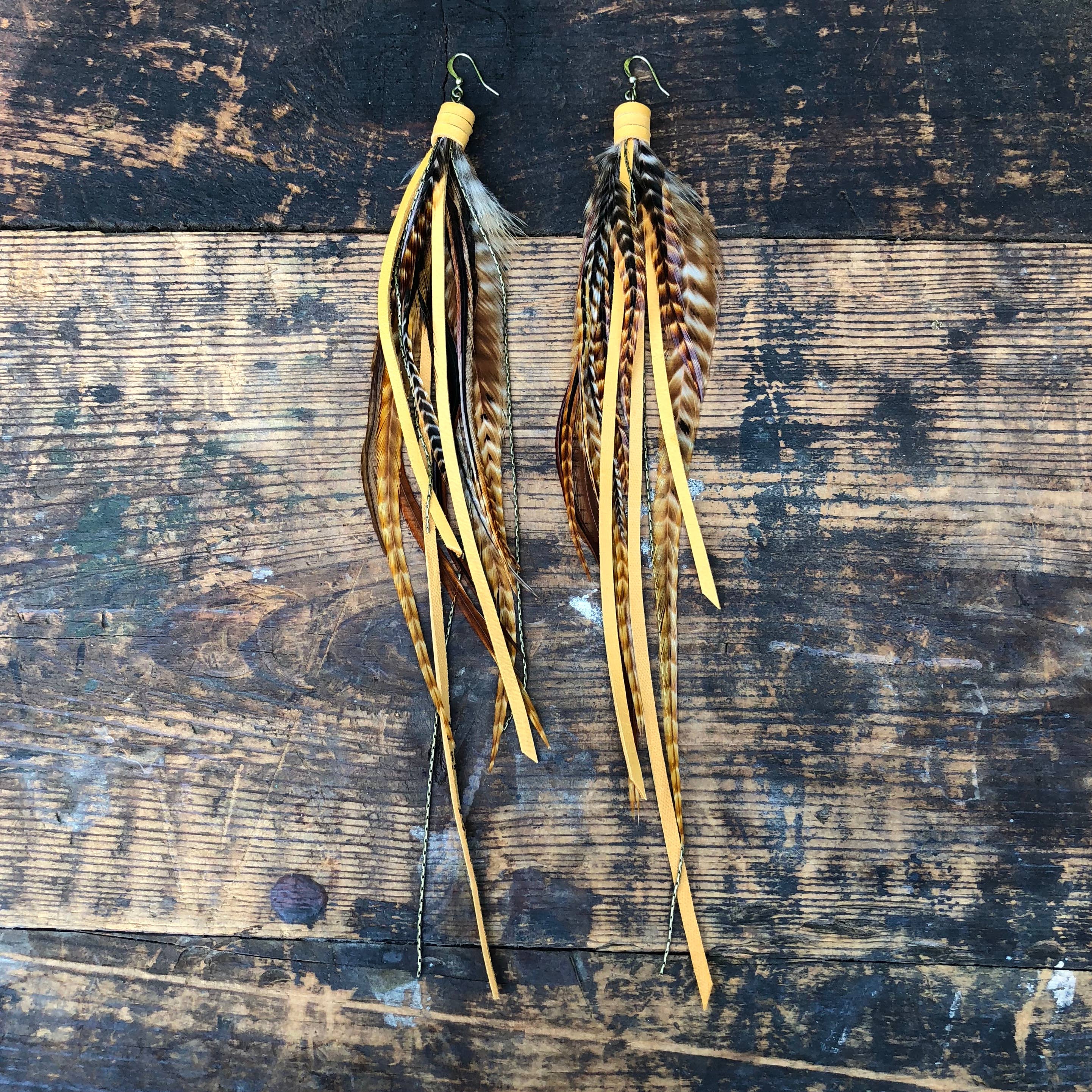Pirate Feather Earrings - Cree & Gold, Boho Western Style