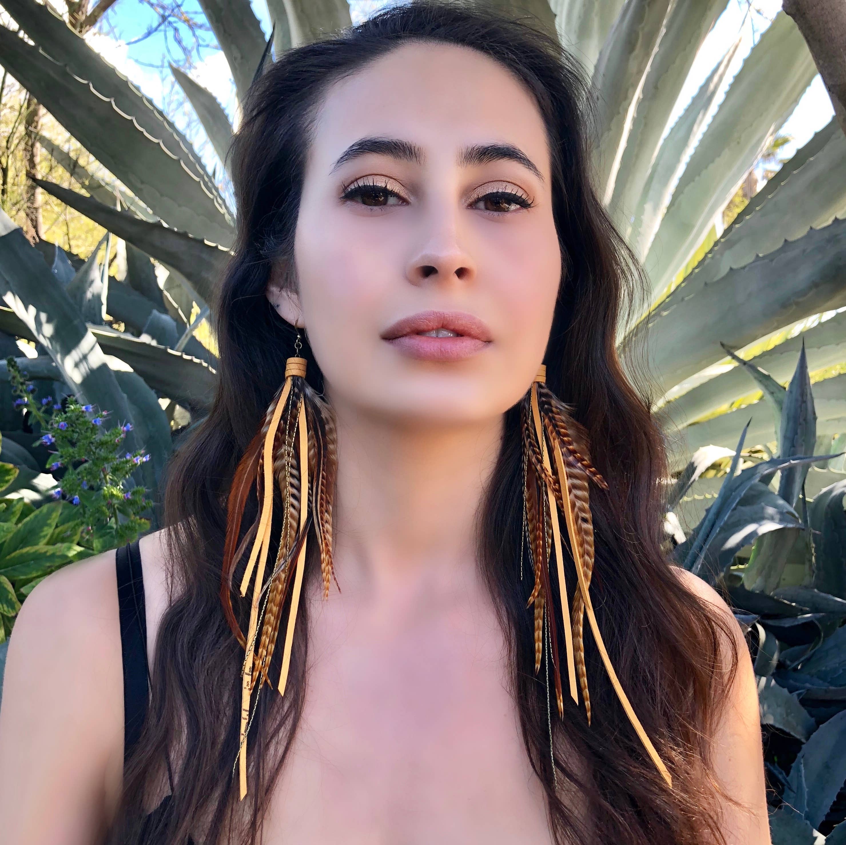 Pirate Feather Earrings - Cree & Gold, Boho Western Style