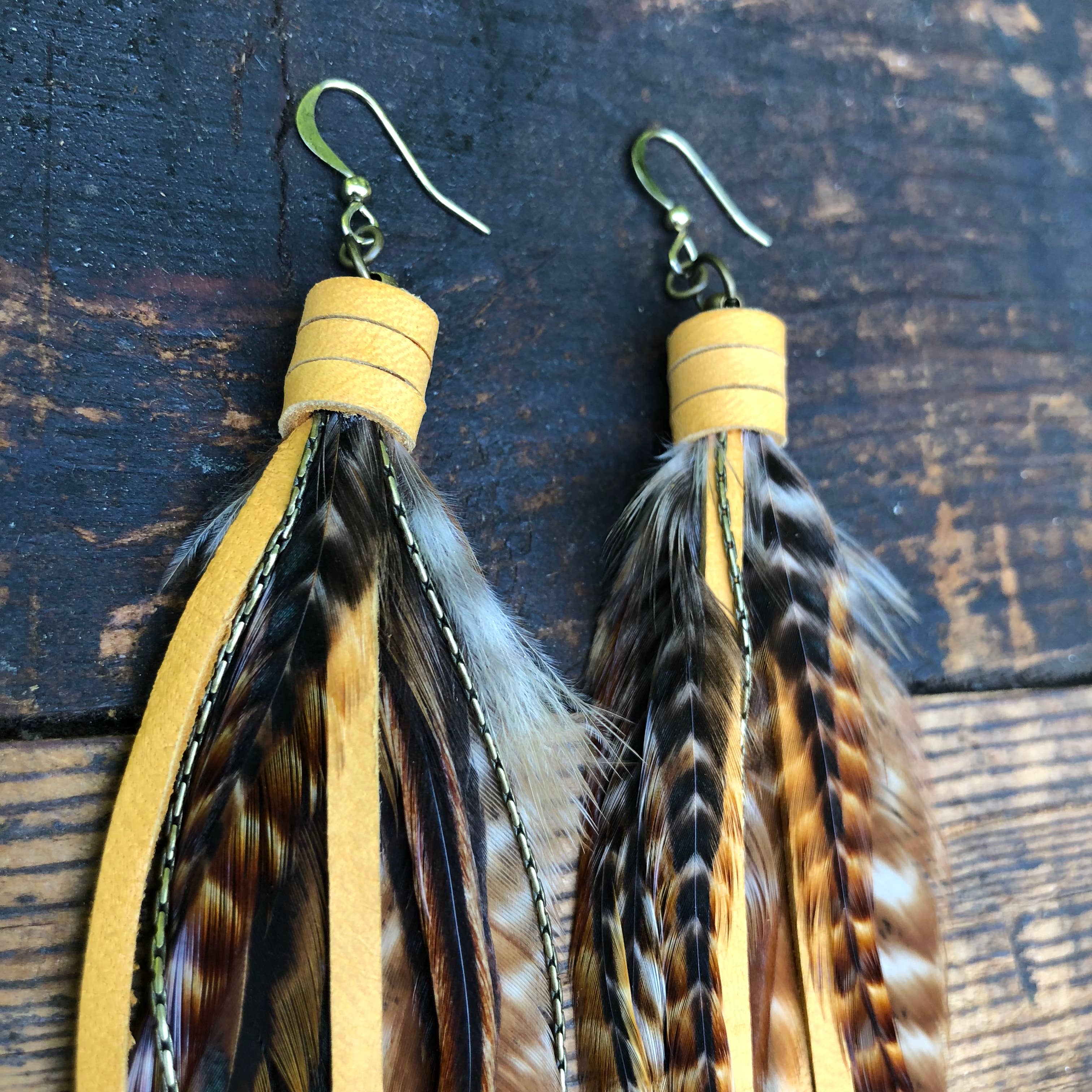 Pirate Feather Earrings - Cree & Gold, Boho Western Style