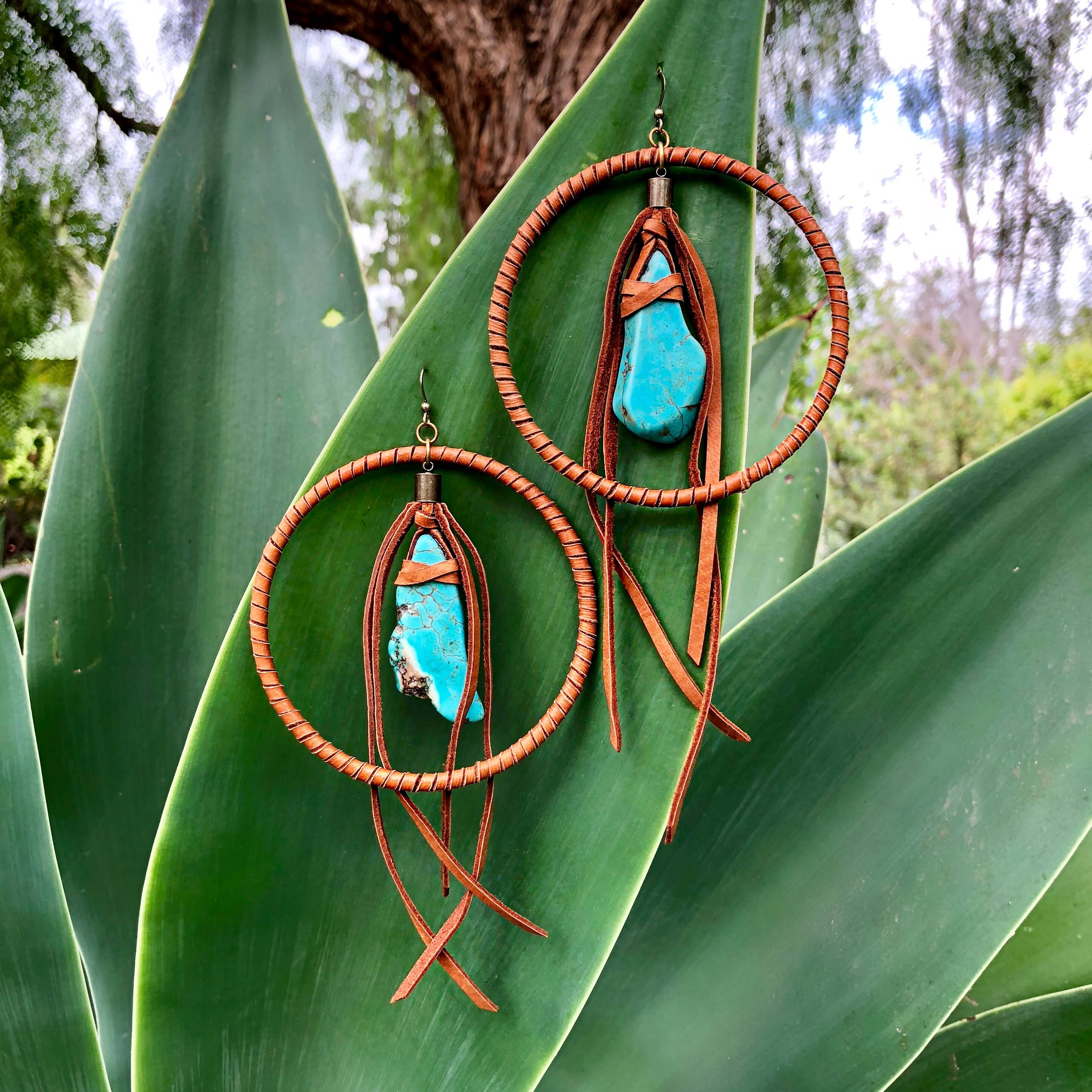 Leather Hoops - Turquoise & Rust, Leather & Stone Earrings