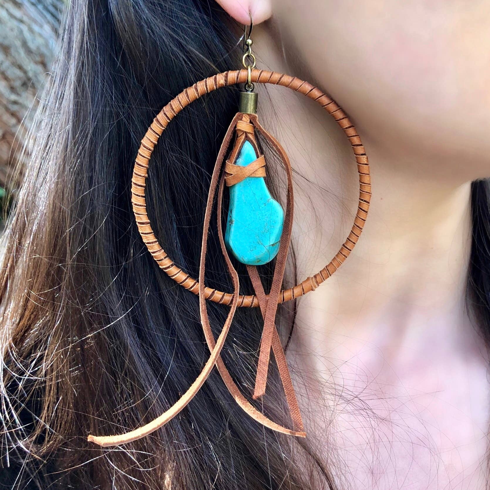 Leather Hoops - Turquoise & Rust, Leather & Stone Earrings