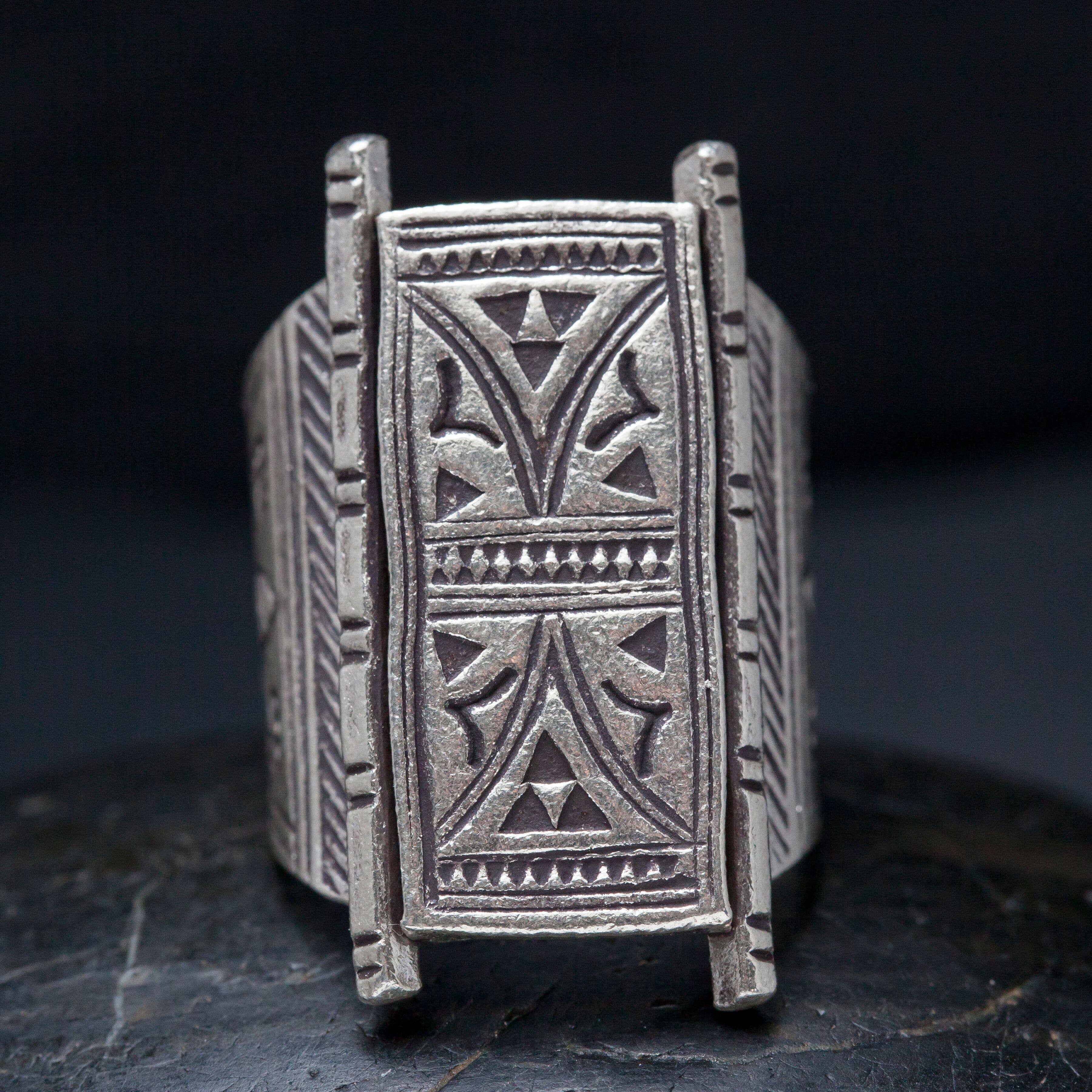 Sterling Silver Etched Tribal Shield Ring