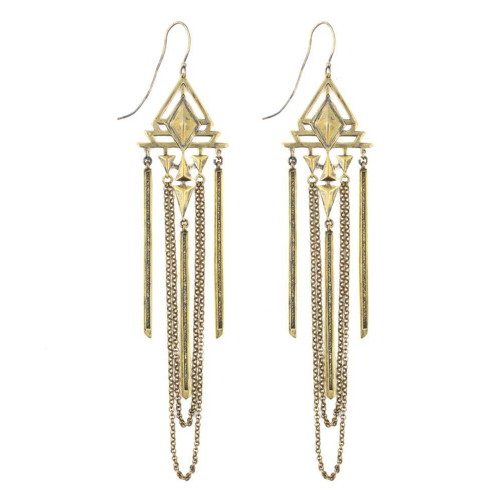 The Jan Hilmer + Sparrow Diamond chain dangle earrings feature gold Art Deco style, diamond-shaped tops, vertical bars, and hanging chains for an elegant, intricate look.