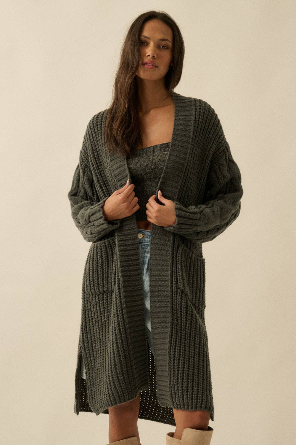 Solid Rib Knit Open Front Cable Knit Cardigan