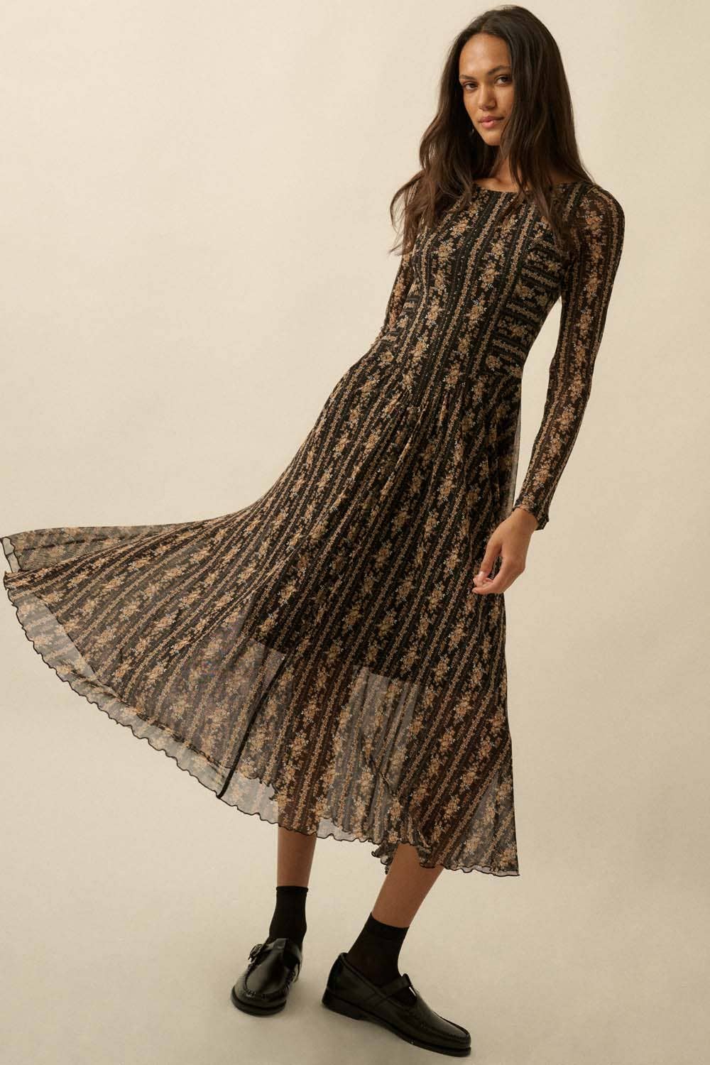 Floral Mesh Drop-Waist Long-Sleeve Midi Dress