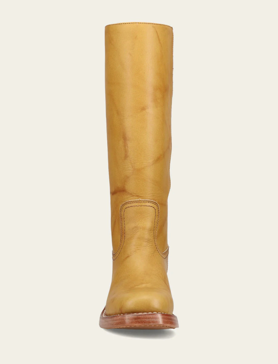 Frye CAMPUS 14L Leather Boot in Banana, tall smooth leather boot with stitched detailing and wooden sole, front view.