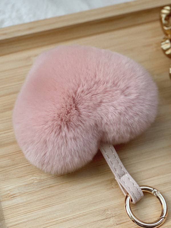 Soft pink plush heart shape bag charm keychain with gold ring on wooden surface Heart Shape Bag Charm Keychain