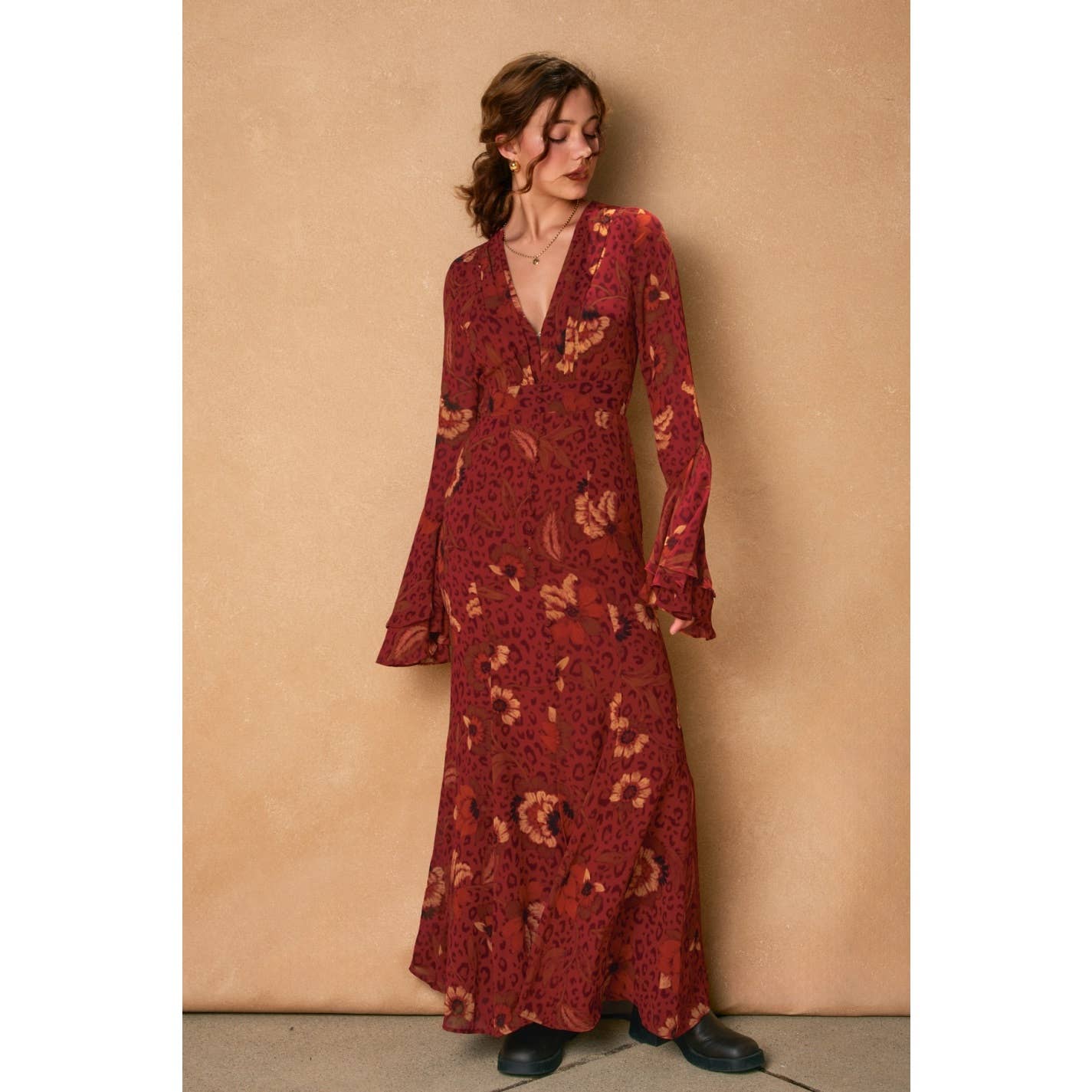 Harvest Mirage Ruffled Bell Sleeve Maxi Dress