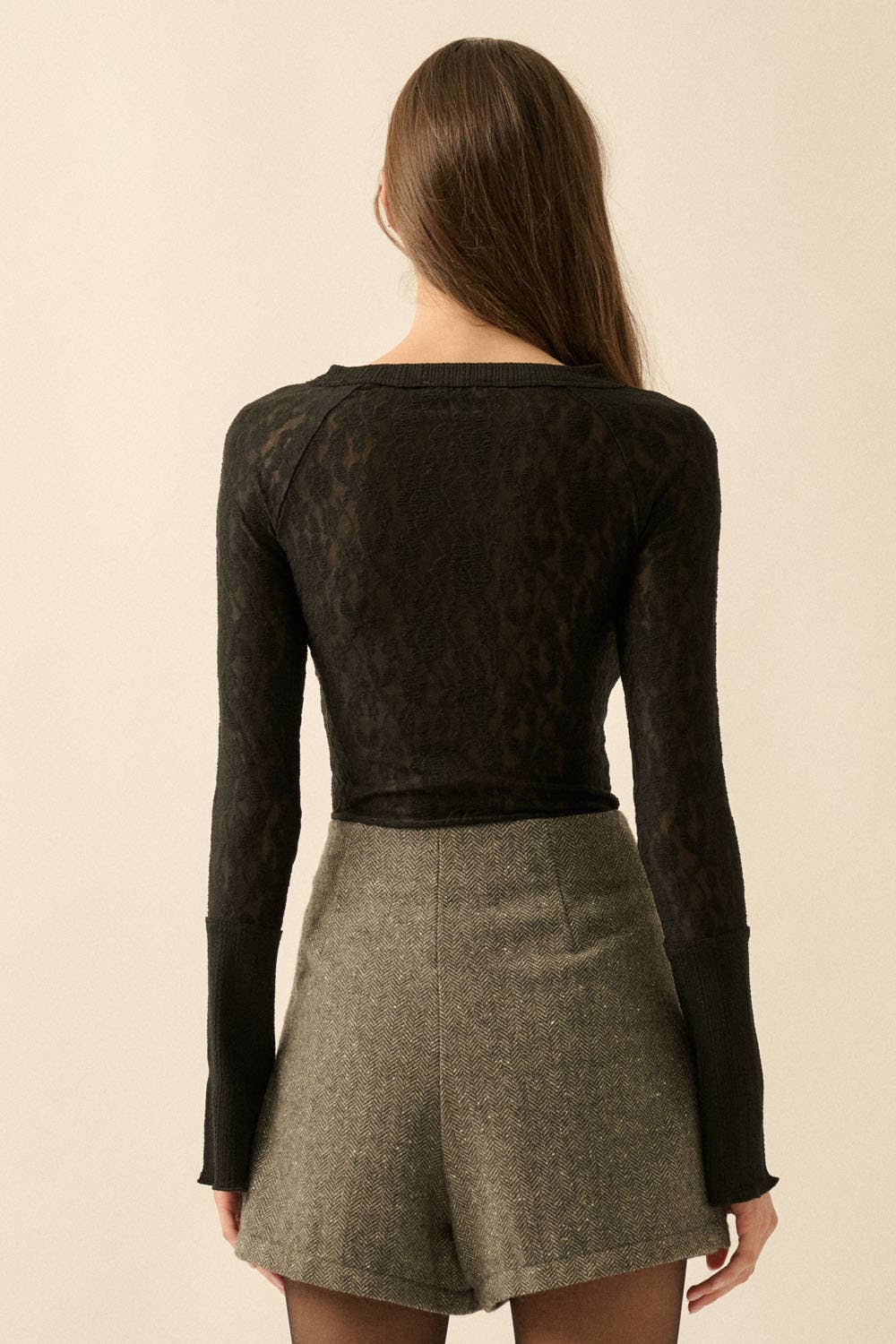 Floral Lace Raglan-Sleeve Henley Top