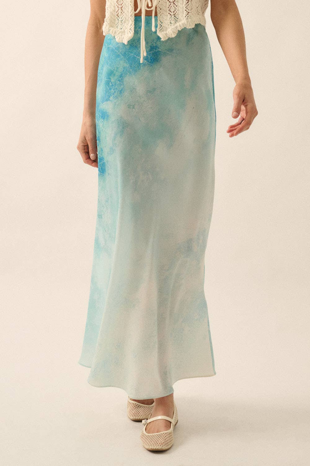 Tie Dye-Print Satin Bias-Cut Maxi Skirt in soft blue hues with a flowing, elegant silhouette and smooth satin finish.