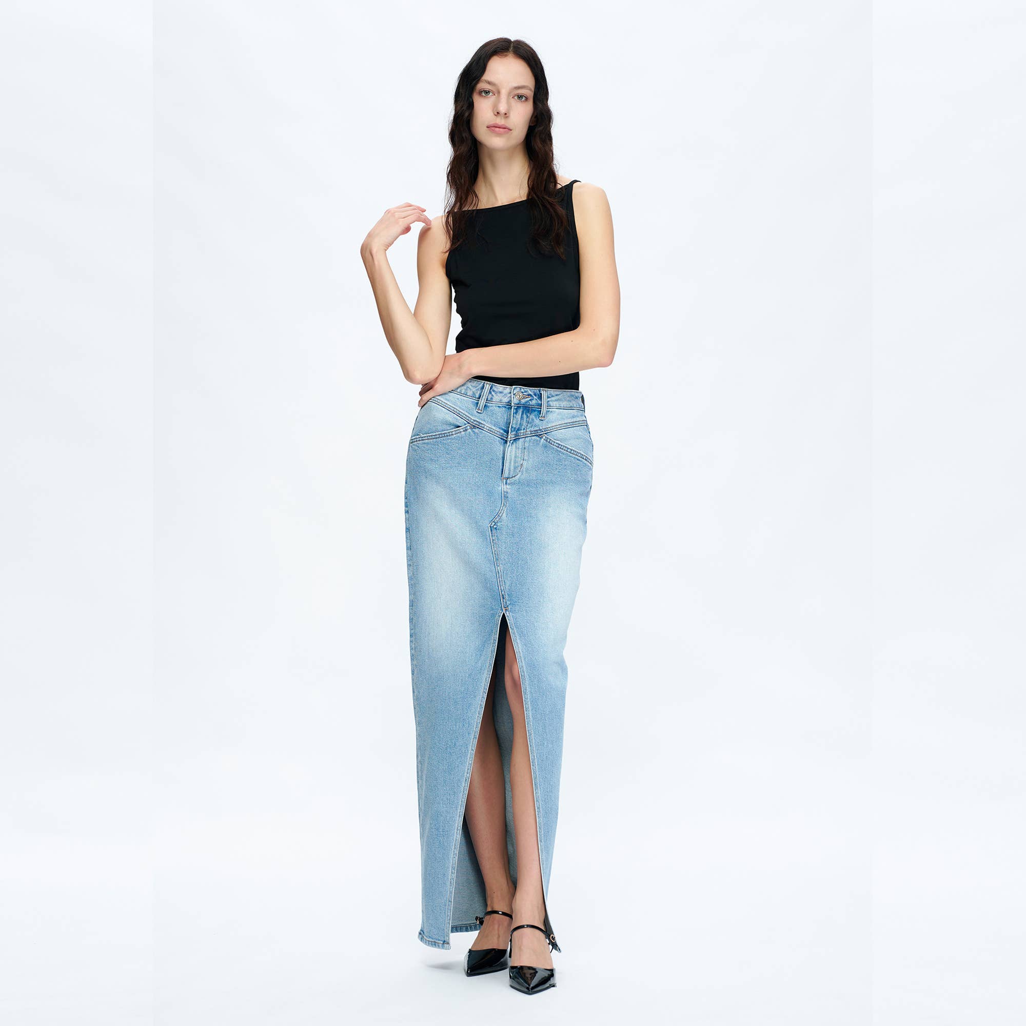 Periwinkle Blue High-Low Denim Skirt – Comfort Stretch