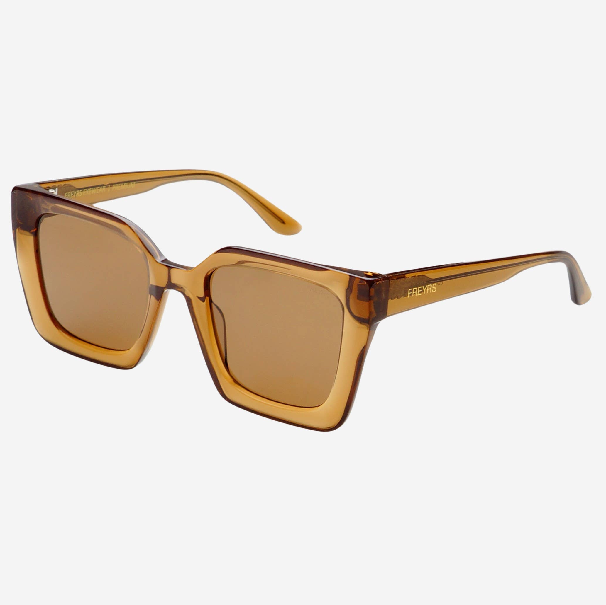Coco Acetate Womens Square Sunglasses by FREYRS Eyewear feature thick, translucent brown acetate frames and matching brown tinted lenses with UV protection, shown on a white background.